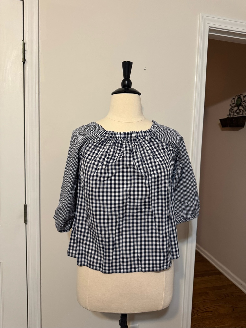 Tommy Hilfiger Navy and White Gingham Peasant Top